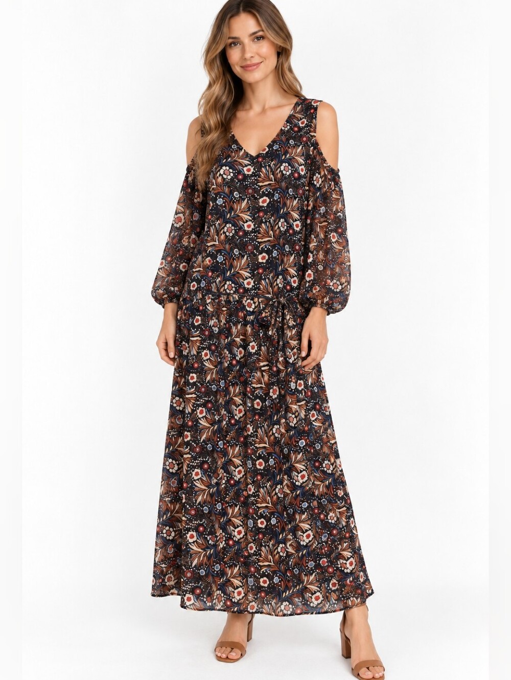 La Bellum Hillary Scott Size S Floral Boho Maxi Dress Cold Shoulder Tie Waist